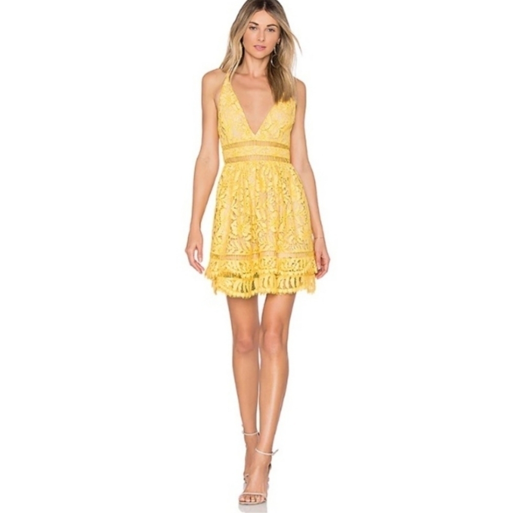 Lovers + Friends Small Moon Dance Lace Mini Dress in Golden Yellow